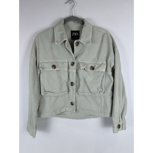 Zara Womens Button Down Jean Jacket Mint Green Cotton Size Small - Picture 1 of 8